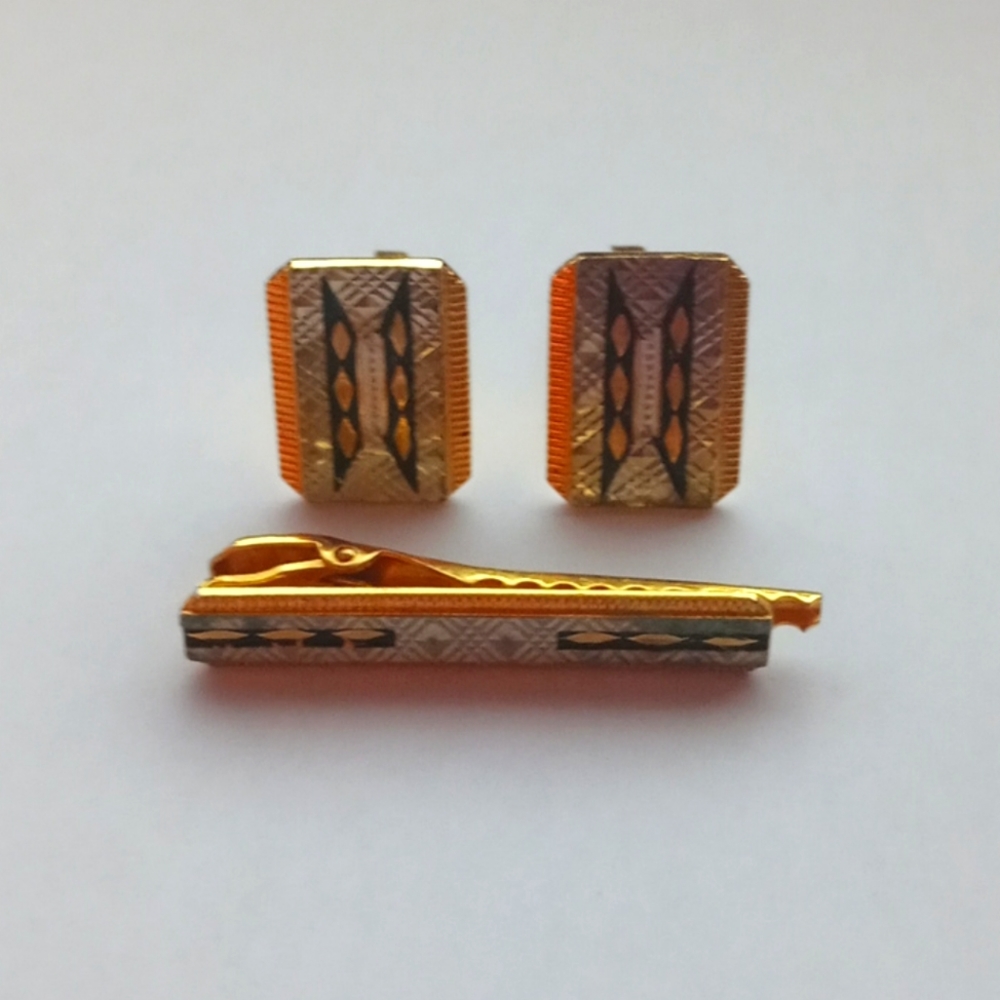VINTAGE DECO Rhombus Pattern Tie Clip & Cufflinks